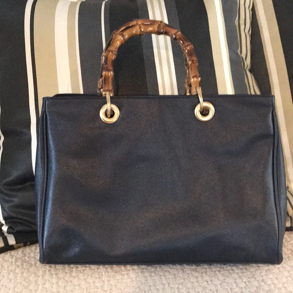 Toss Designs Navy Tote with Wooden Bamboo Handles